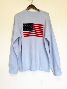 Oversized American Flag Knit Sweater Blue Cozy Pullover Small
